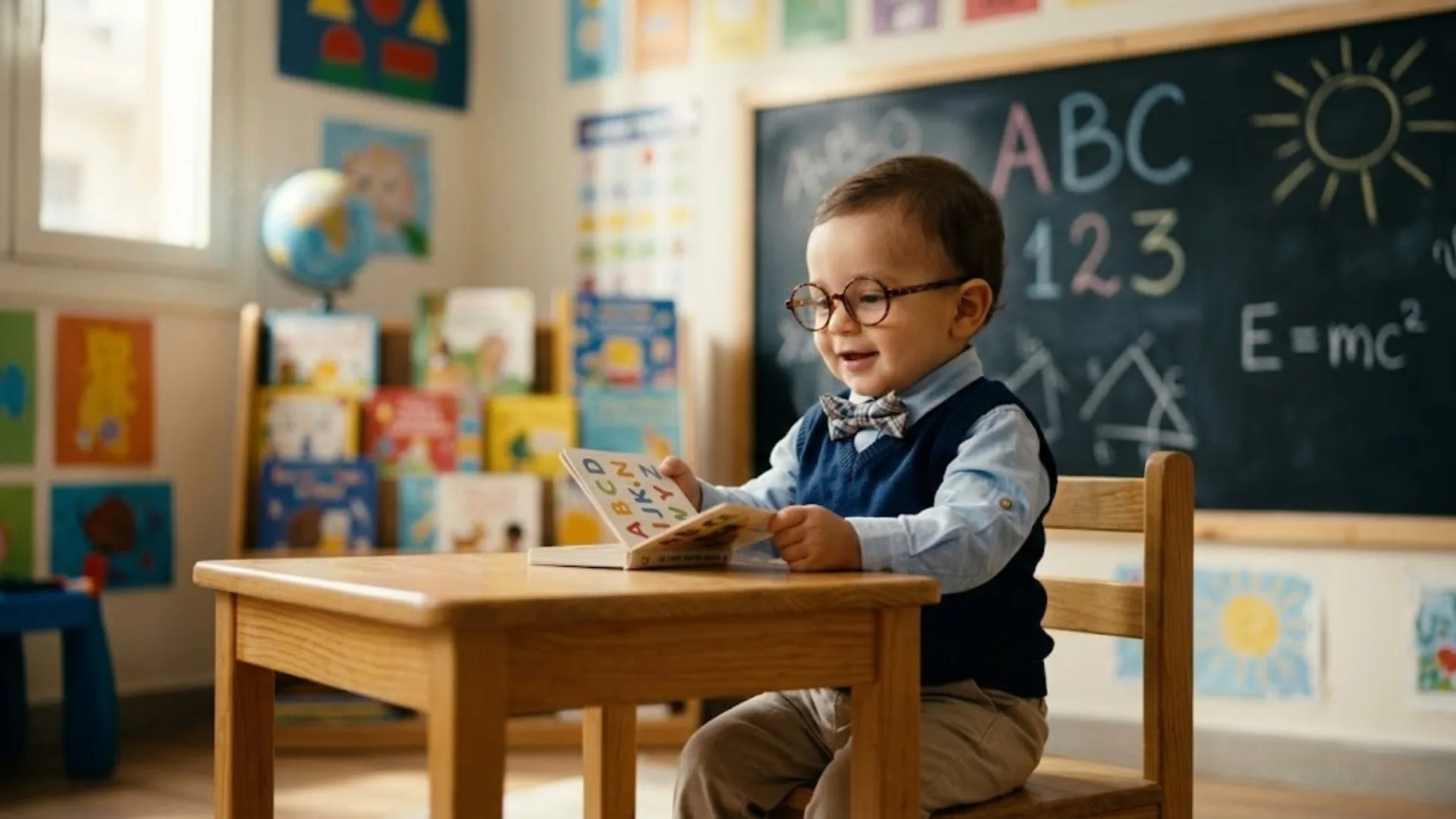 AI-generated baby in a classroom setting with chalkboard and books wearing formal clothes and glasses